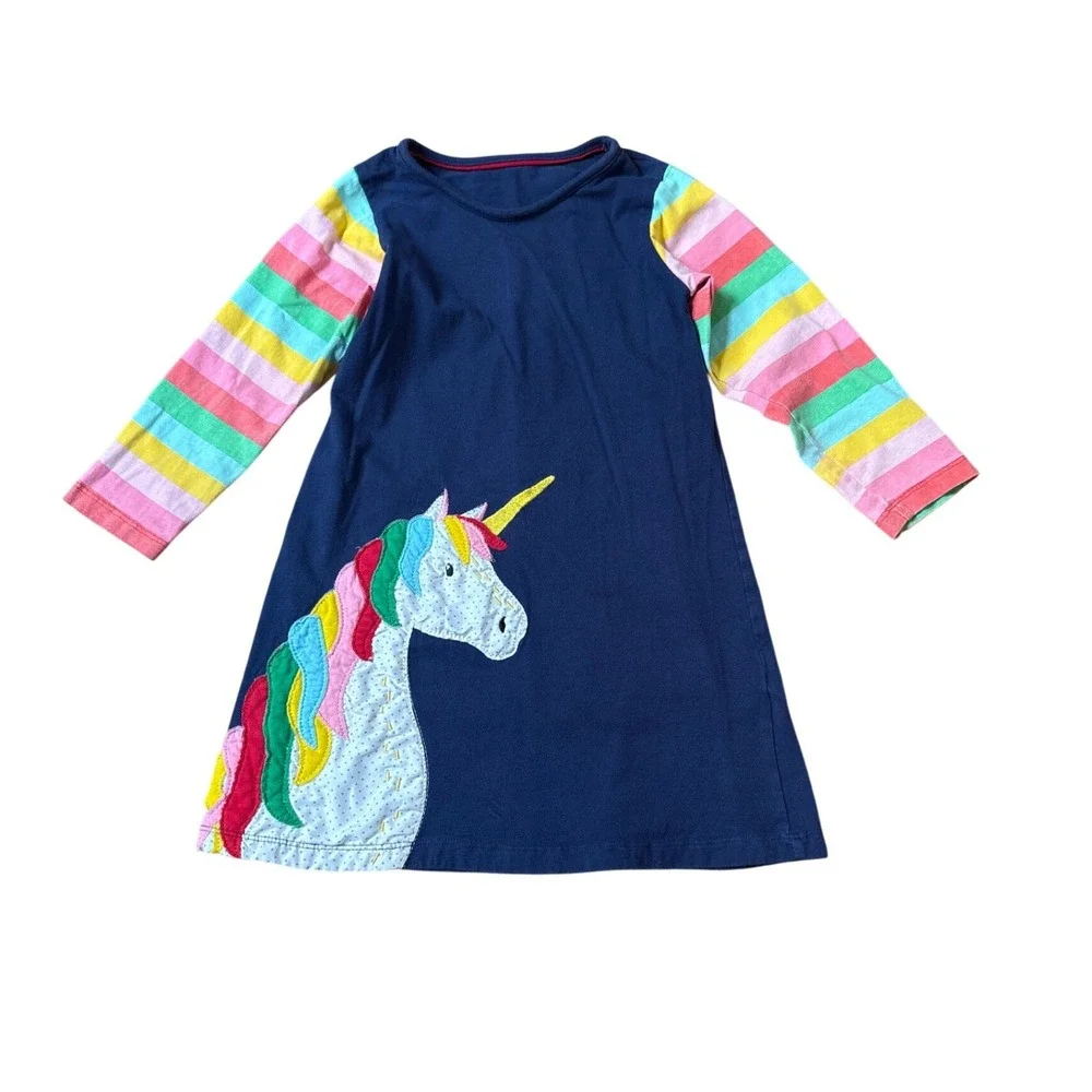 Unicorn Applique Dress Kids Navy Blue Rainbow Stripe SIZE 6T